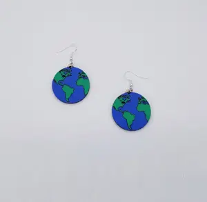 Earth Earrings, Painted Wood Earrings, Planet Earrings, hypoallergenic Sterling Silver earrings