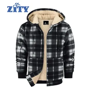 ZITY Heavy Thick jackets for Men Plaid Flannel Warm Sherpa Fleece Lined Winter Full Zip Up Coat with Hood Casual Fashion Sweatshirt Black Checked