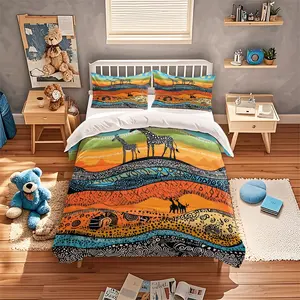 3pcs Giraffe Print Quilt Set, Soft Polyester Fabric, Zipper Design, Modern Style Bedding Essentials, Bedroom Bedding Set