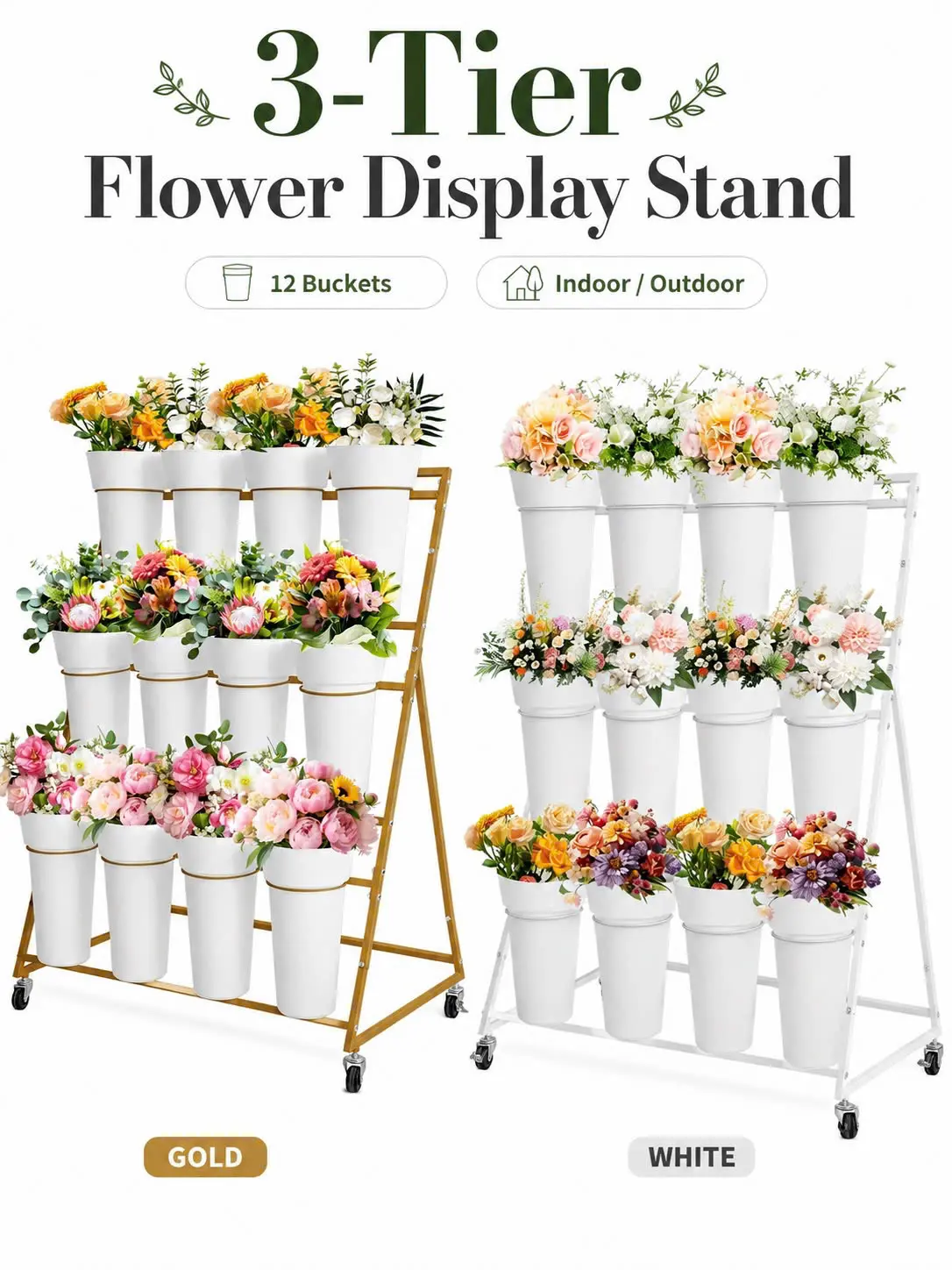 3-Tier Metal Flower Display Stand with 12 Removable Buckets & Wheels, Mobile Plant Rack for Florist, Garden, Patio & Wedding, Gold / White – Size: 90×55×120cm