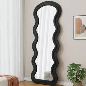 Full Length Floor Mirror with Stand - 65" Tall Wavy Edge Freestanding Mirror for Bedroom & Living Room, Flannel Frame, Hanging or Leaning Against Wall