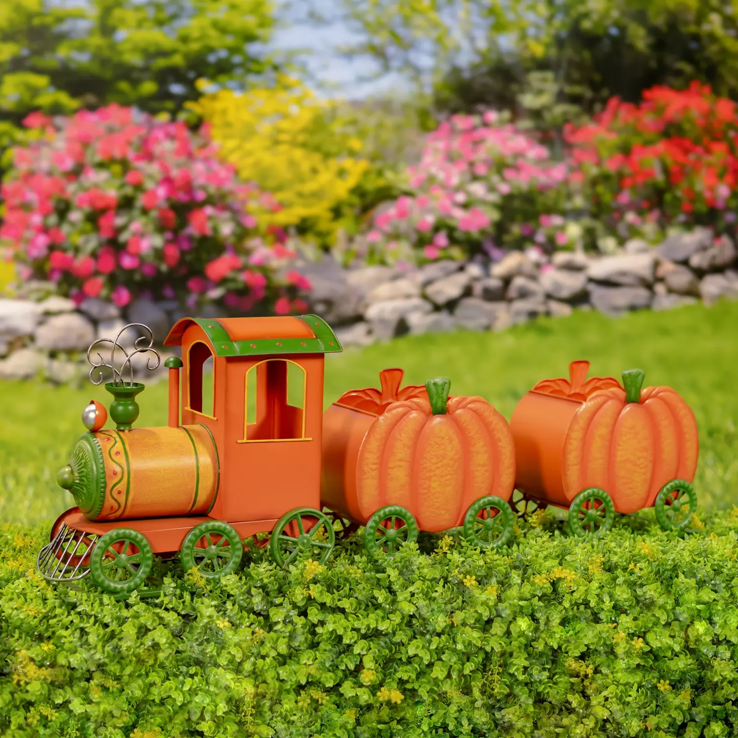 39.5" Long Iron Pumpkin Train with Two Carts Decoration "Pumpkin Express"