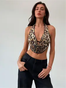 Sexy Leopard Print Sequin Tie-Up Backless Cropped Halter Top, Summer