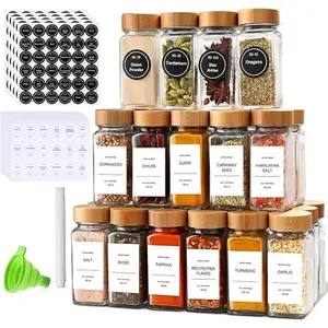 Spice Jars with Label 24Pcs, Seasoning Containers, Glass Spice Jars with Bamboo Lids, Kitchen Essentials, Spices Container Set, Kitchen Set, Utensils