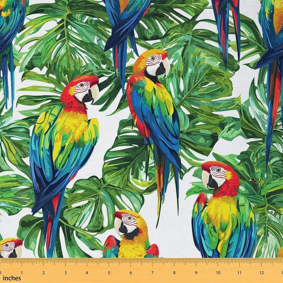 Parrot Flannel Upholstery Fabric,Hawaiian Tropical Leaves,Birds Floral Decorative Fabric,Upholstery and Home Accents,DIY Art,Green Blue Not Stretchy