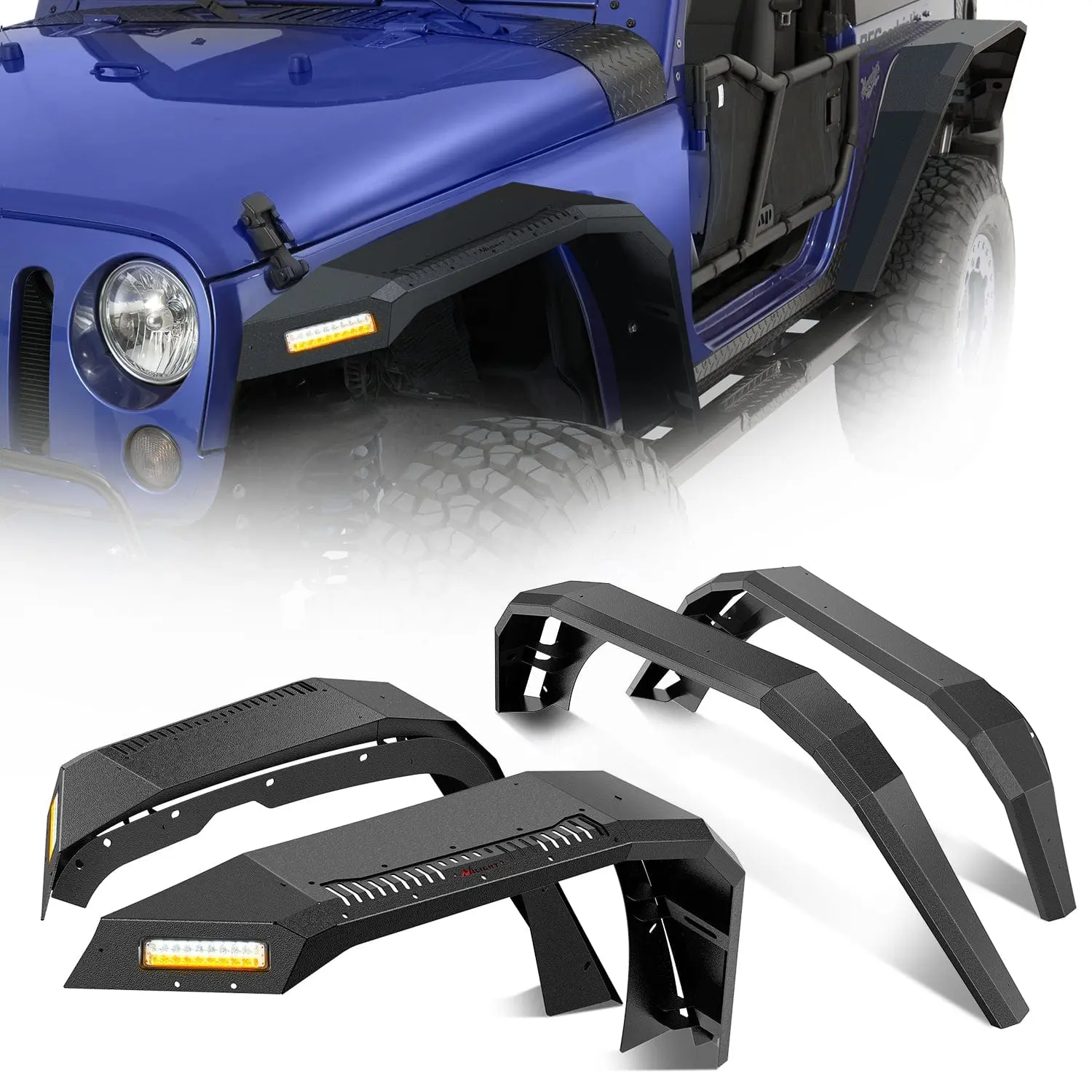 Nilight 8.26in Sleek Steel Front & Rear Fender Flares Set for 2007-2018 Jeep Wrangler JK/JKU 2-Door Off-Road, Integrated LED Turn Signals & DRL, Ample Tire Clearance, Tire Shield, Aggressive Look, Durable Rubber Strips, Easy Installation