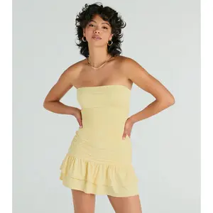 Here Comes The Sun Strapless Ruffled Mini Dress