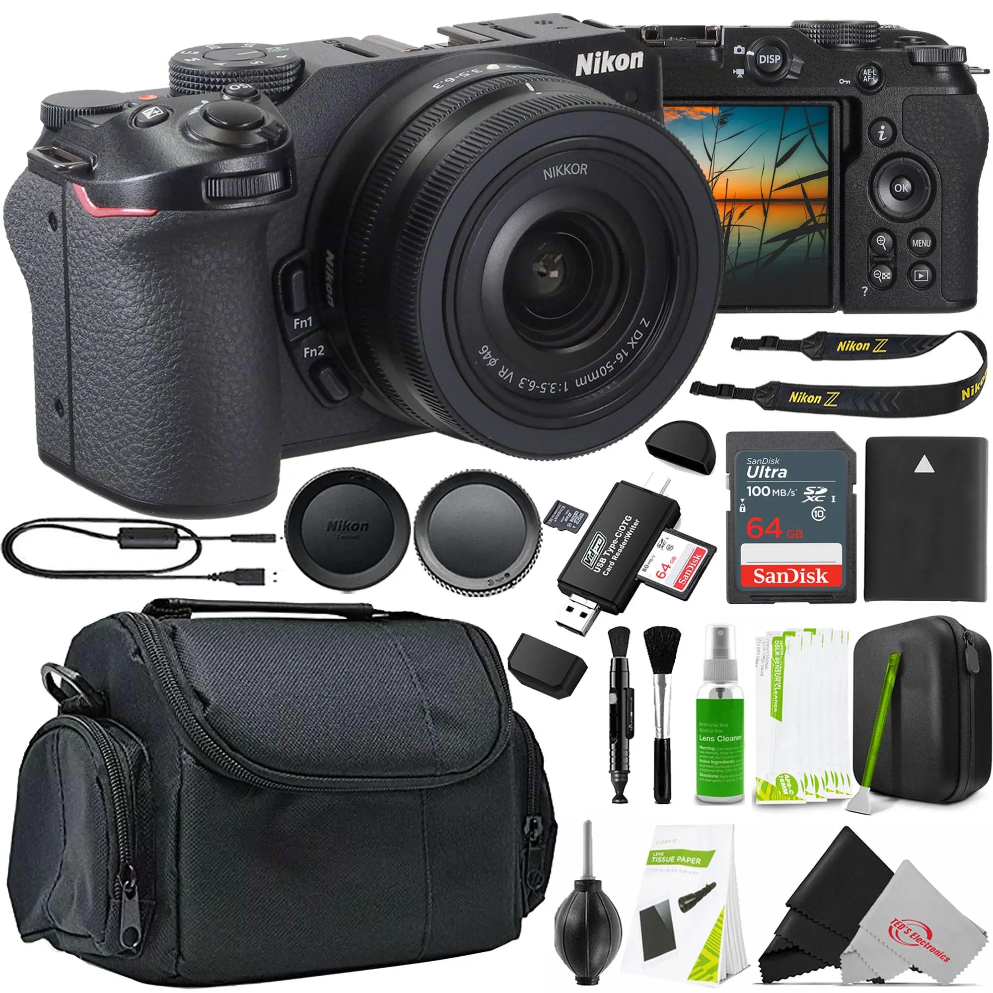 Nikon Z30 Digital Handheld Mirrorless Camera with DX 16-50mm Lens, SanDisk 64GB Ultra SDXC UHS-I Memory Card, Neoprene Compact Protective Carrying Case, Professional Cleaning Kit, VidPro Adjustable Button Port USB 2.0 Type-C microSD/SD Card Reader