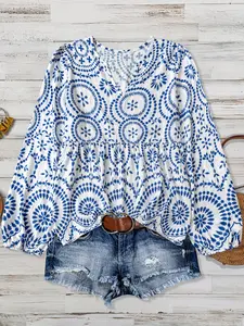 Women's New Casual V-Neck Comfortable Printed Patchwork Long Sleeve Lantern Sleeve Blouse Shirt Top, Loose-Fitting, Boho, All Seasons