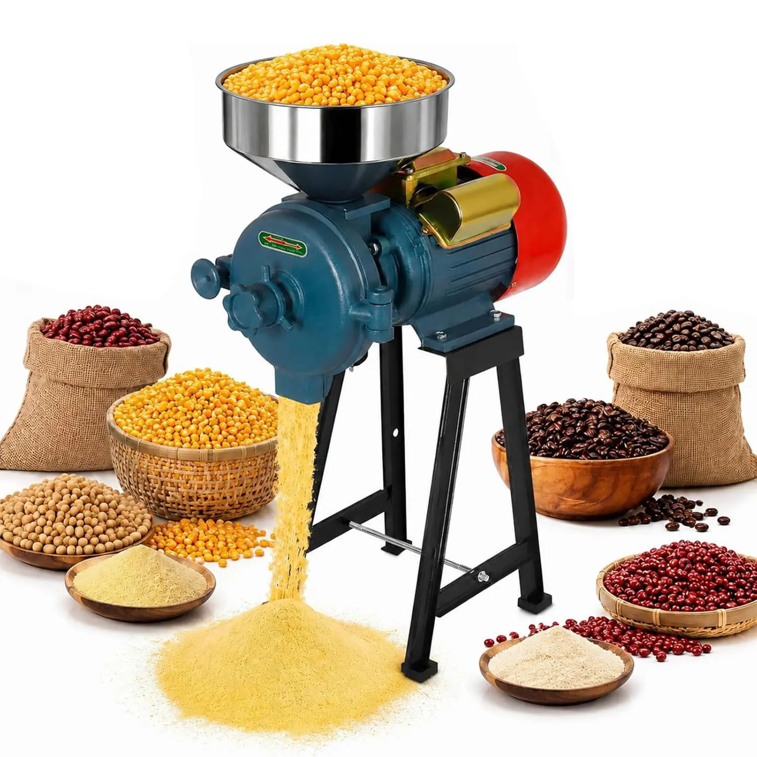Electric Cereals Grinder Grain Mill 3000W - Heavy Duty 110V Commercial Machine with Funnel, 1460r/min, 155 lbs per Hour, Adjustable Thickness Knob for Agricultural Farm Feed Making, Rice, Corn, Coffee, Wheat