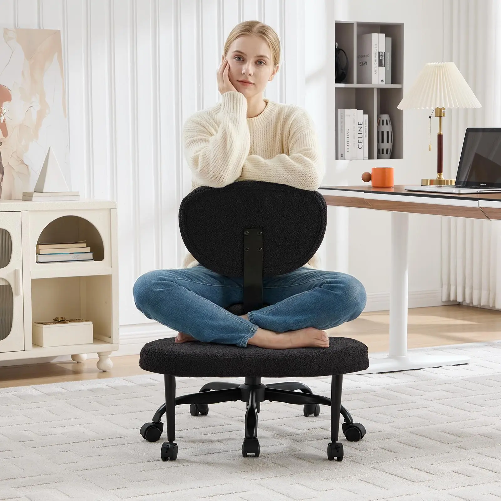 EBELLO Ergonomic Office Chair for Adults - Teddy Velvet, 360-Degree Swivel, Adjustable Height, Cross-Legged Sitting, Lumbar Support, Crescent Backrest, Durable, Easy Setup, Assembly Required, Improves Blood Circulation, Ideal for Home Office