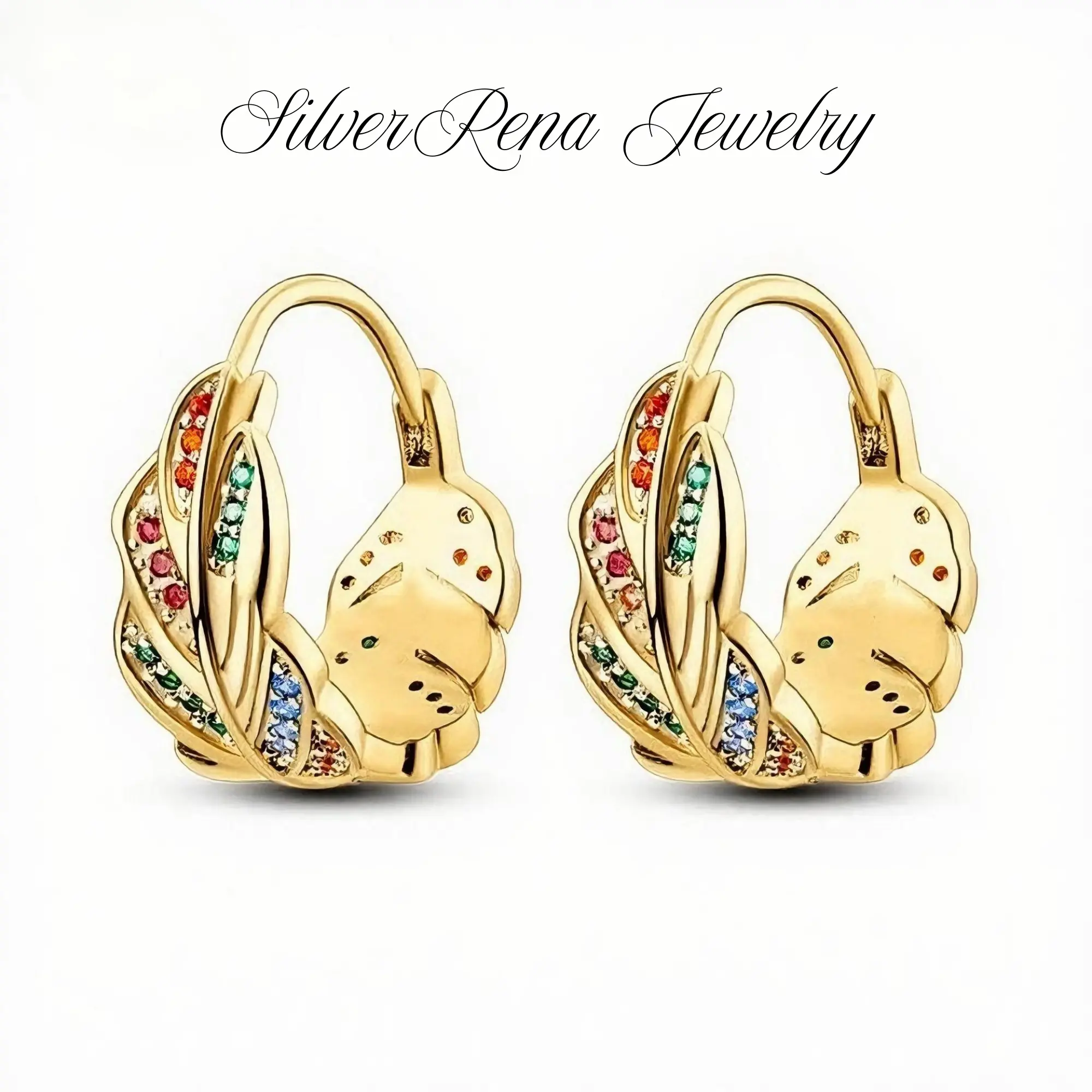 18k Gold Plated H oop Earrings with Feathers and Colorful Zircons, Sparkling and Nature-Inspired Style, Perfect for Bohemian Lover, Vintage Ear Jewelry for Women, Safe for Casual and Daily Wear, Mother's Day Gift Ideas