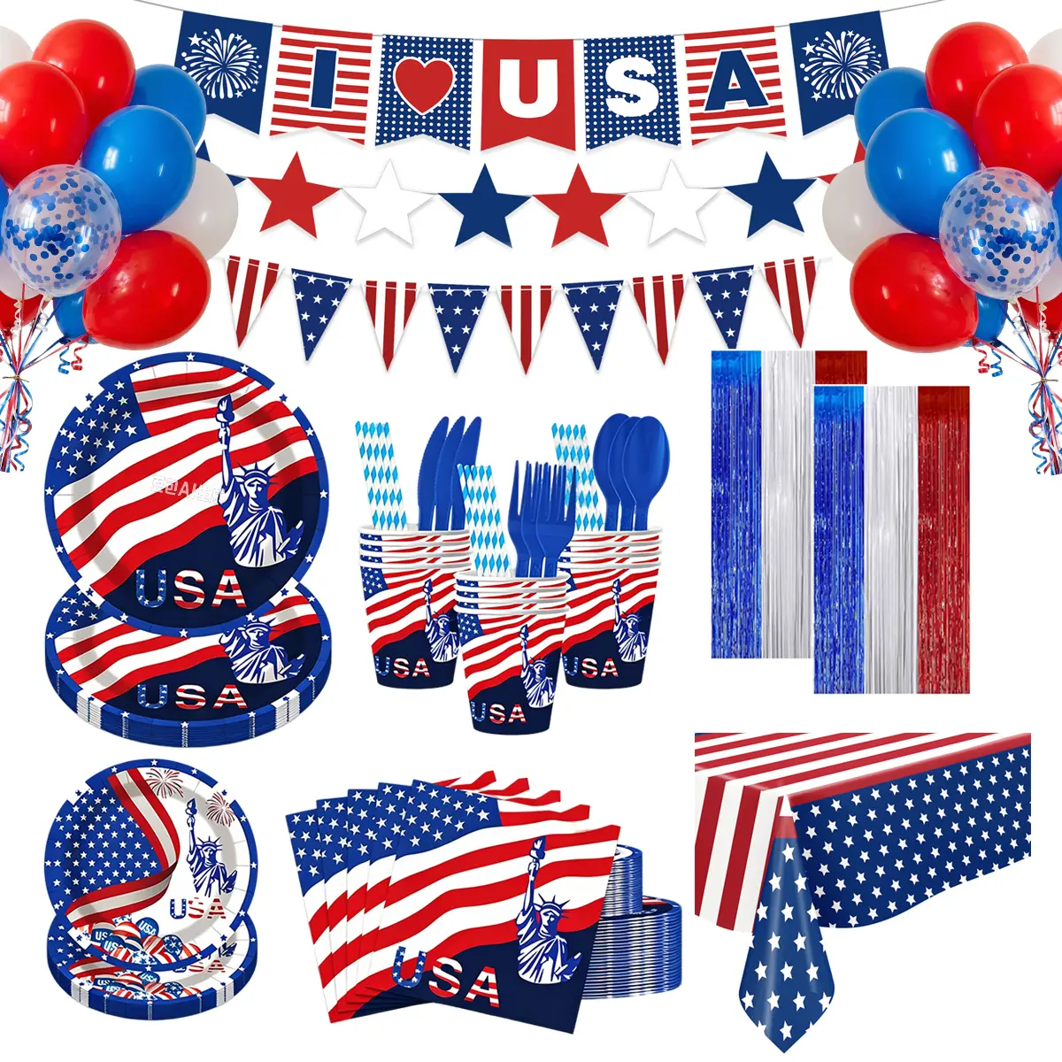 Patriotic USA Flag All-In-1 Disposable Multi-Item Party Supplies Set - Red White Blue Paper Plates, Cups, Napkins, Cutlery, Tablecloth, Banner, Tinsel Curtain, Balloons for Adult Unisex American-Themed Backyard BBQ Gifts