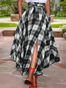 Women's Plaid Print Tie Front Split Thigh Shirt Skirt, Street Fashion Casual High Waist Long Skirt, Split Hem Skirt for Daily Outdoor Wear, Women's Bottoms for Spring & Fall