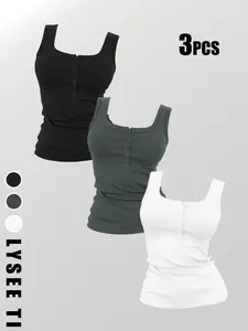 3PCS Women's Casual Basic Fashion Sporty Multi-Button Round Neck Solid Color Vest Top Mix and Match Three-Piece Set