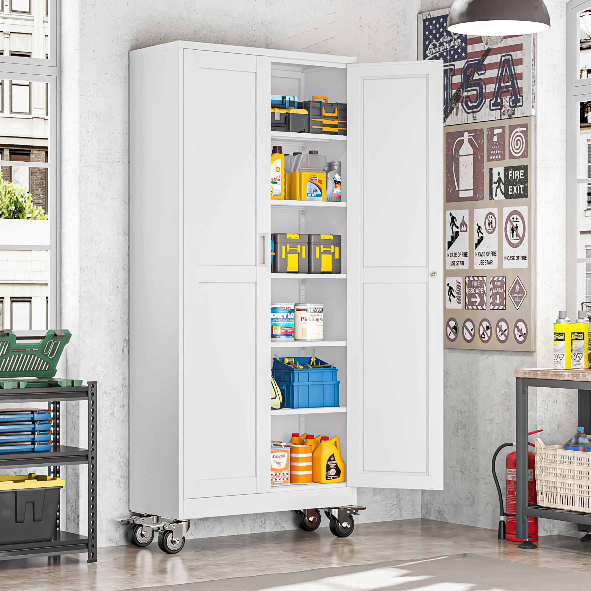 Heavy-Duty Metal Storage Cabinet with Wheels, 2-Door Steel File Cabinet with 5 Adjustable Shelves for Garage, Home Office & Warehouse Heavy-Duty Metal Storage Cabinet with Wheels, 2-Door Steel File Cabinet with 5 Adjustable Shelves for Garage, Home Office & Warehouse