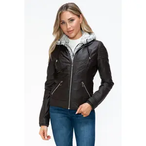 YMI Faux Layered Double-Zipper Jacket with Fuzzy Hood