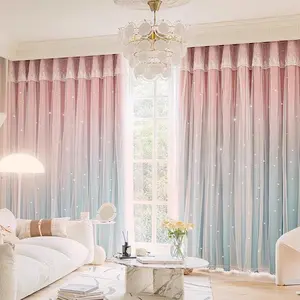 Star Pattern Double Layer Curtain, 2 Counts/set Gradient Color Hollow Out Star Curtain, Home Decor for Living Room Bedroom Study Room