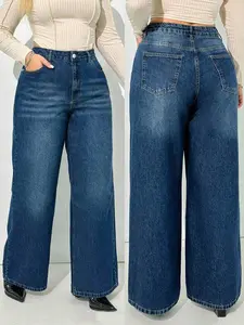 Women's Denim Wide Leg Jean Pants, Basic, Elastic Fit, Button Fly Closure, Comfortable & Stylish, Perfect for Casual Wear