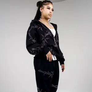 Barbed Wire Rhinestone Sweatsuit Set – Heavyweight Streetwear Hoodie & Sweatpants
