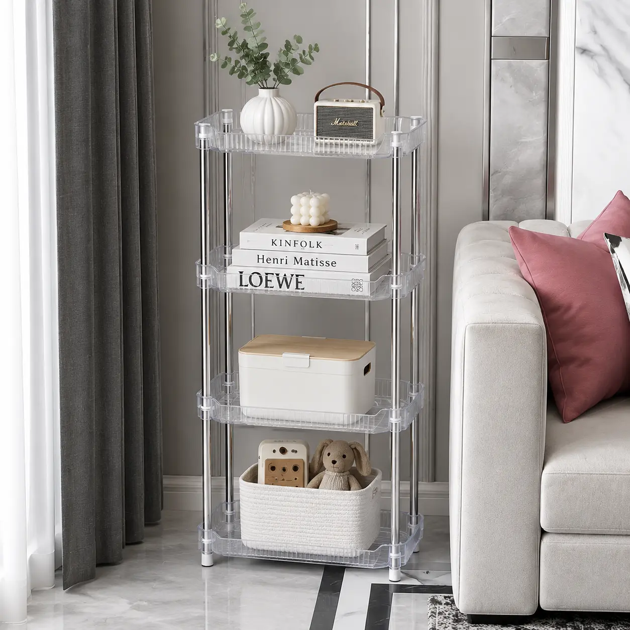 Clear Acrylic Storage Shelf Organizer, Adjustable Modular 2 Tier Rack, Stackable Countertop Organizer with Guard Rails for Bathroom Kitchen Vanity Office
