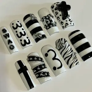 Black White Emo Press On Nails, Goth Cross Zebra Stripe Nail Set, Y2K Scene Kawaii Acrylic Nails