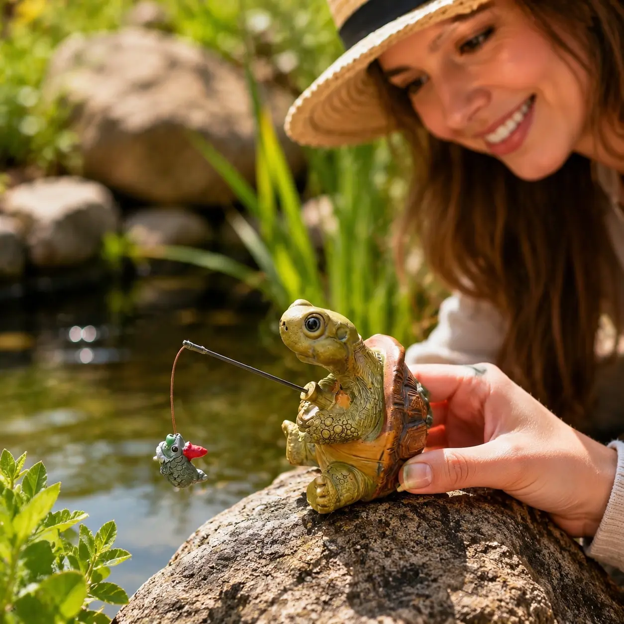 Cute Fishing Turtle Resin Figurine, Mini Whimsical Animal Garden Statue, Hand‑Painted Waterproof Small Ornament, Decor With Detachable Fishing Rod And Fish Charm For Pond, Moss Terrarium, Patio And Desktop Decoration