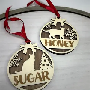 Custom Cat Ornament Name Pet Gift Cat Gift Christmas Tree Wood Ornament Handmade Personalized with Snowflake and Bow Design