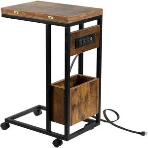 C Shaped End Table with Charging Station & Foldable Tabletop, Folding TV Tray Table with Storage, Laptop Table for Couch, C Table for Sofa, Living Room Bedroom Small Spaces, Rustic Brown