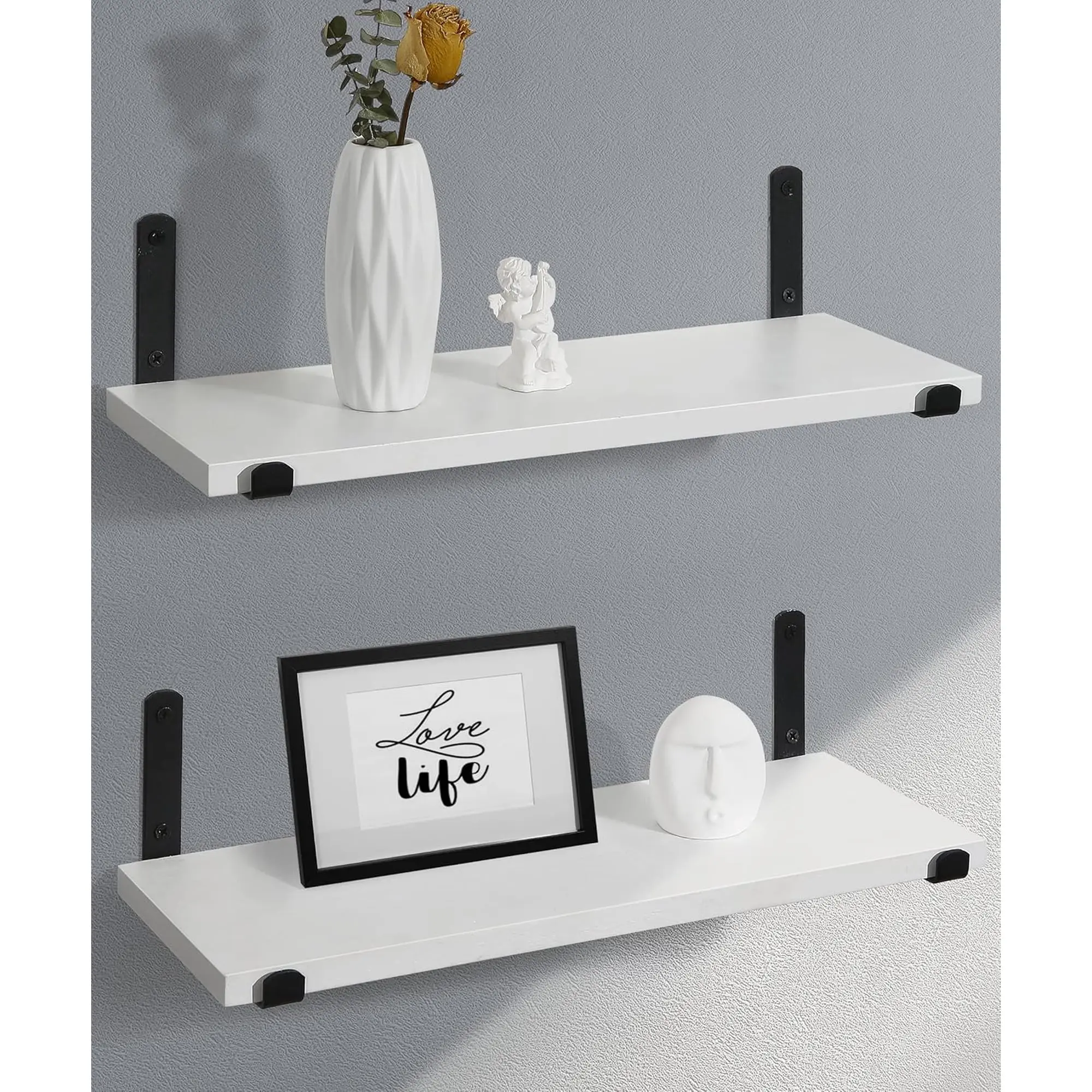 White Floating Shelves for Wall Hanging Shelves over Toilet Set of 2, 16in Wooden Decorative Shelves Wall Mounted with Black Brackets for Bathroom Bedroom Living Room