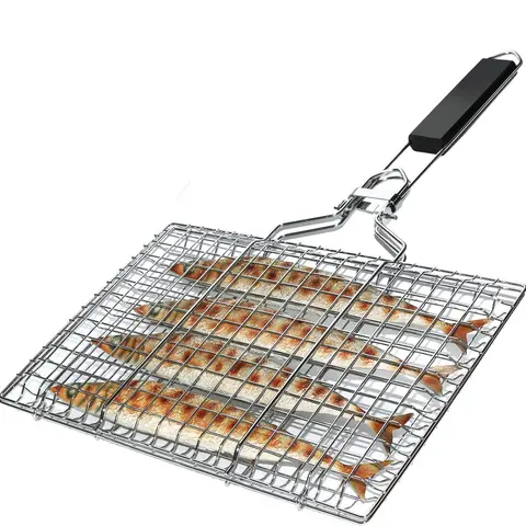 Stainless Steel Folding Portable Fish Grilling Basket - Expanded Grid Mesh, Fold-Flat Carry, Outdoor Barbeque Utensil for Cooking BBQ Camping, Fish, Veggies, Shrimp