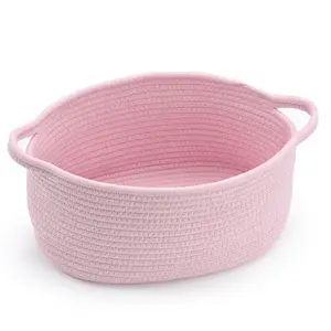 Cute Pink Woven Storage Basket with Handle for Kids Gifts, Durable Children’s Day Gift Basket with Gift Bags & Ribbons, Small Boo Basket for Baby Shower Birthday Halloween Easter, Decorative Organizer Bin for Toys Pets, 12" D x 8" W x 5" H