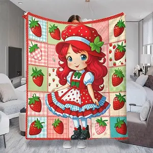 Strawberry Shortcake Themed Throw Blanket, Colorful, Multiple Specifications Available, Soft Fabric, Ideal for Napping/Lounging, Playful Whimsical Design, Cute Cartoon Style, Pastel Patchwork Background with Strawberry Motifs