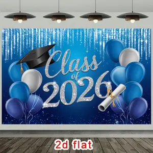 2D flat banner, 1 piece of 2026 graduation cap diploma blue silver balloon polyester background cloth, suitable for party decoration farm, garden, home, room