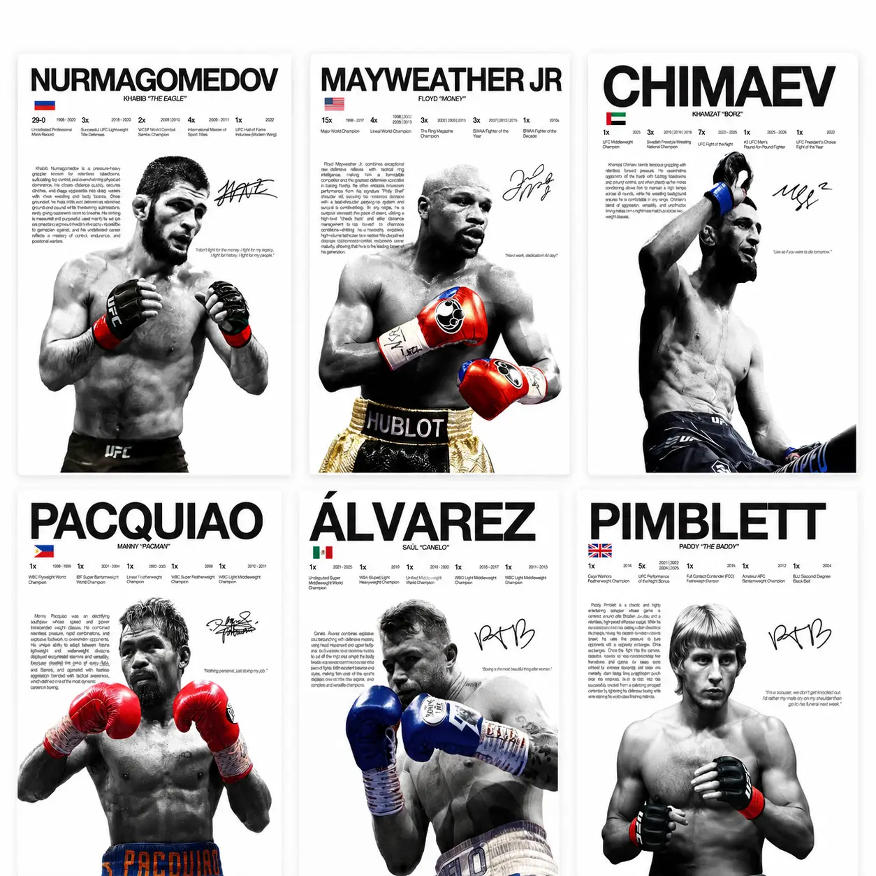 UFC & Boxing Legends Canvas Wall Art Posters - Fighter Icons, Sports Heroes Khabib Nurmagomedov, Floyd Mayweather Jr., Khamzat Chimaev, Manny Pacquiao, Canelo Alvarez, Paddy Pimblett - Home Decor for Sports Room, Gym, Gift for Fight Fans, Vibrant, Room De
