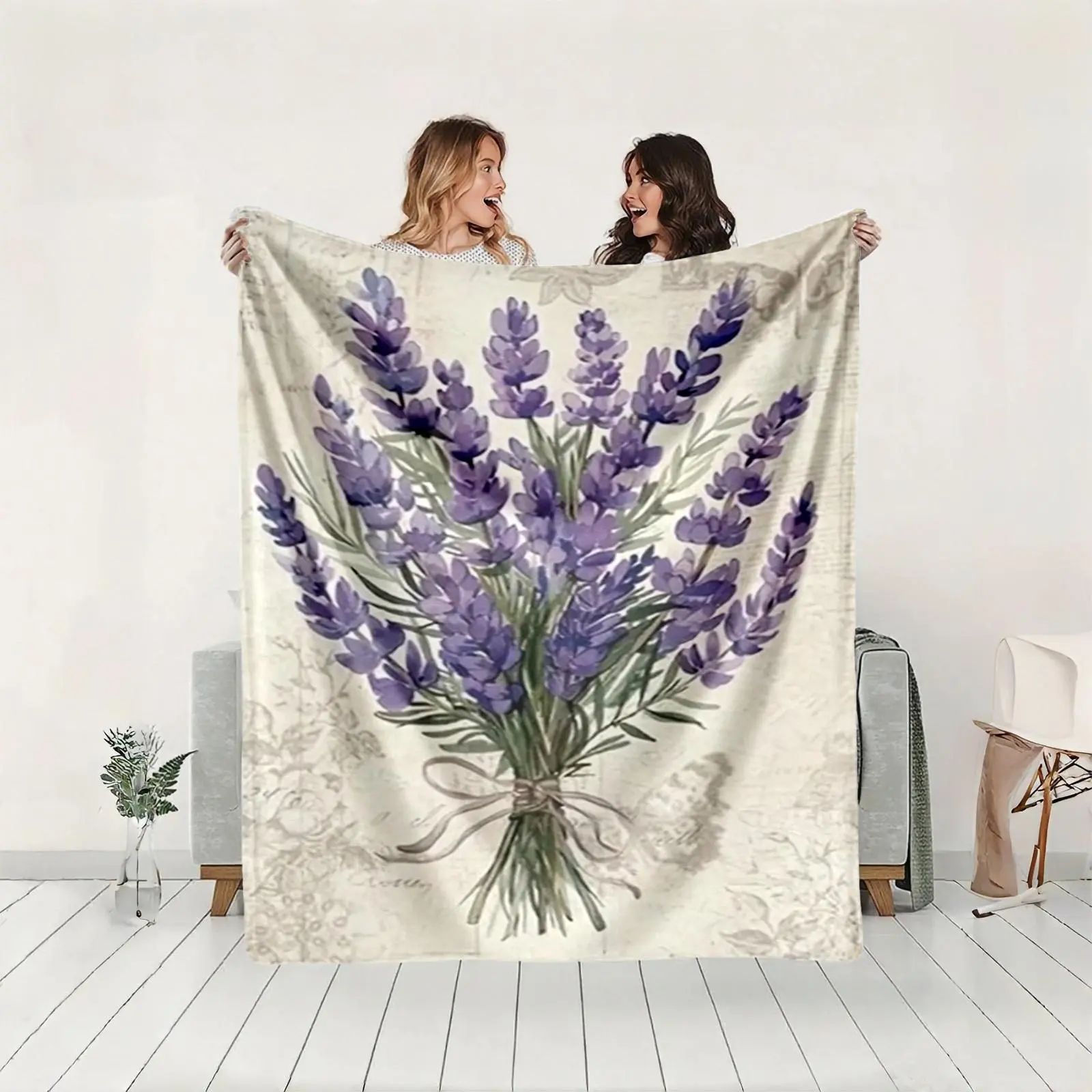 1 piece Purple lavender bouquet art display themed flannel blanket - Modern geometric pattern flannel sofa blanket, suitable for beds and sofas, all-season multi-purpose use, super soft and comfortable, digital printing, non-slip, 100% polyester