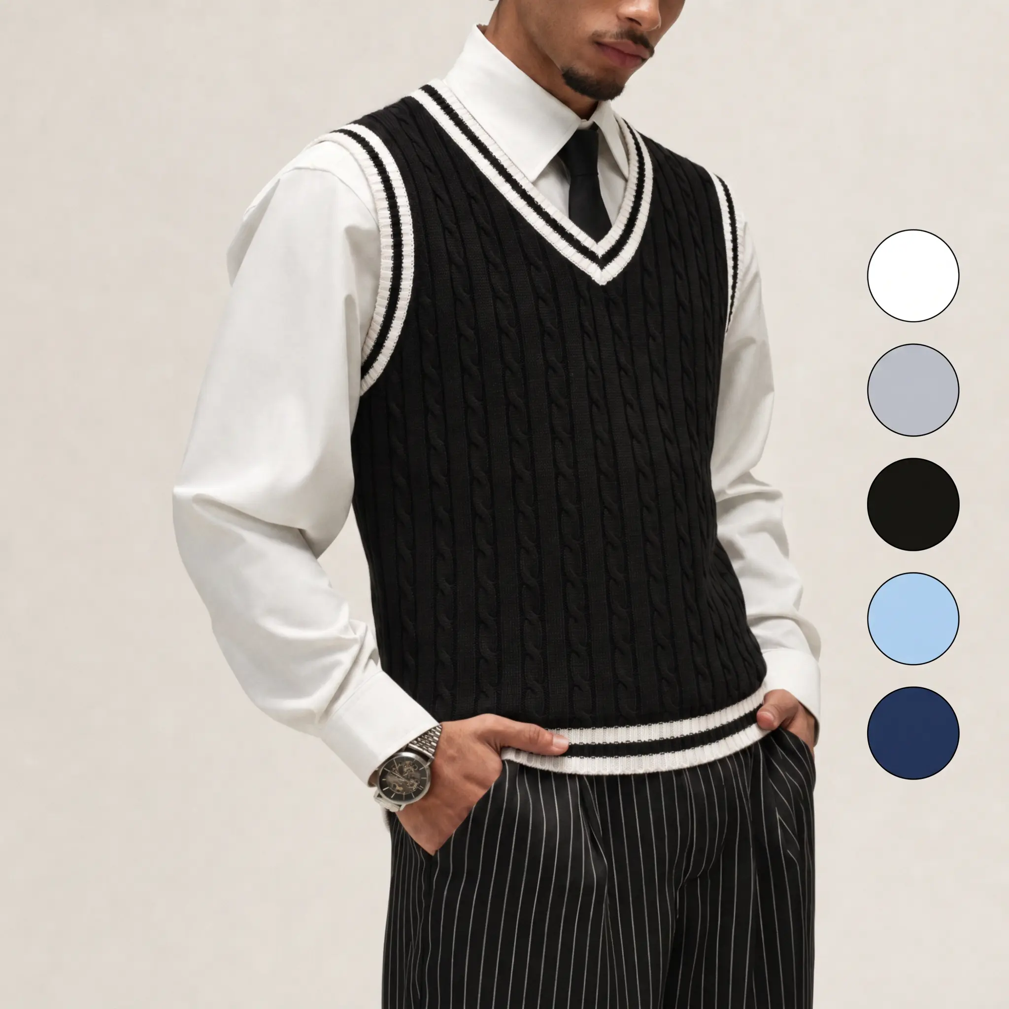Men's Old Money Preppy V-Neck Sweater Vest. Classic Cable Knit Sleeveless Pullover Top with Striped Trim. Smart Casual Fall Winter Layering Essential for Office, Golf, and Everyday Wear. Vintage 90s Knitwear for Men.