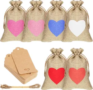 36 Pcs Valentine's Day Burlap Gift Bags with Drawstring Heart Bags 6x4 In Favor Bag Mini Rustic Pouches Wedding Gift Bags with Tags and Rope for Valentine Bridal Shower(Cute, Burlap)