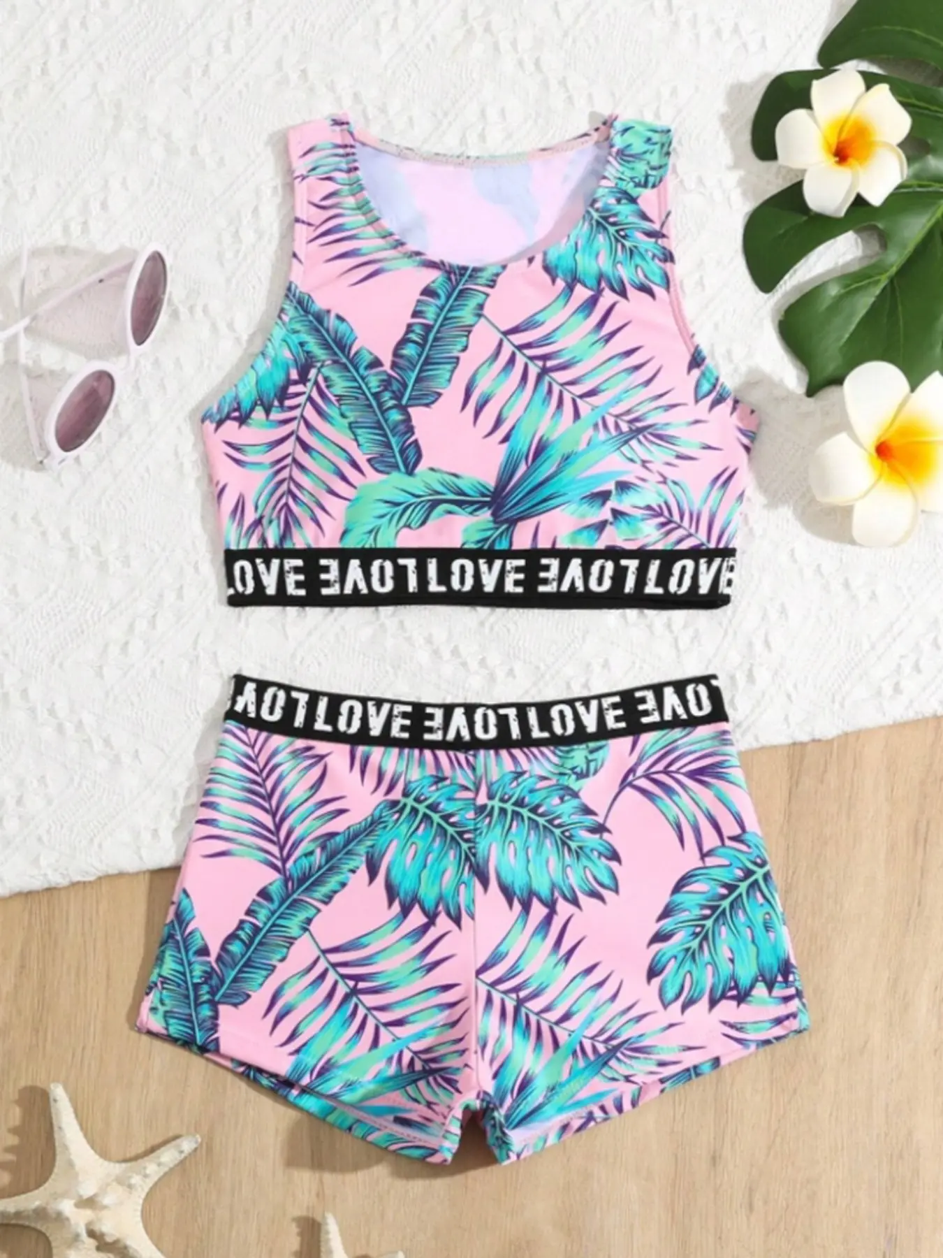 Girls' Summer Swimwear for Vacation, Beach with Plant Print, Webbing Decoration, Full Body Bather, Kids' Swimming Costume, Swimsuits with Shorts