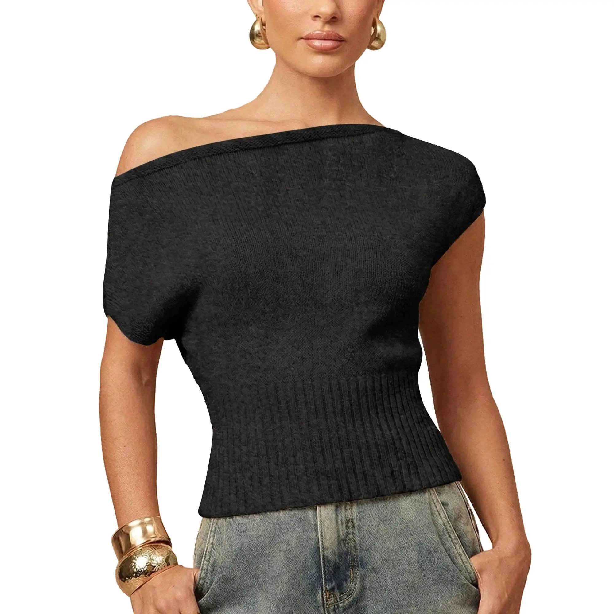 Talakeno Women's Off-the-Shoulder Ribbed Knit Short-Sleeve Fitted Top - Breathable, Stretchy Fabric Knitwear, Sexy Asymmetrical Pullover for Everyday Wear, Shortsleeve, Polyester, Off Shoulder Shirt Women's Pullovers, Knitting