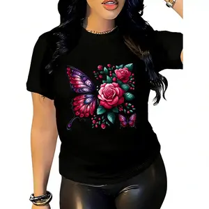 Wo Casual and Floral Print Round Neck T-Shirt - Black Background with Bright Pink, Purple,, and Green Colors, All-Season Washable Sports Top, Shirt, Daily Comfort, Fashionable Clothing, Comfortable Fit