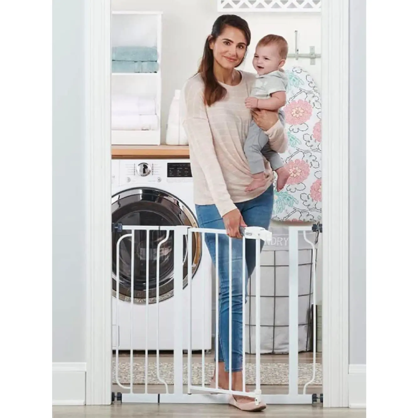 29-38.5inch Baby Safety Gate Pressure Mounted with Door for Doorways Staircases, Suitable for Infants Toddlers Pets, Tested Safe USA Designed 30-Year Life White