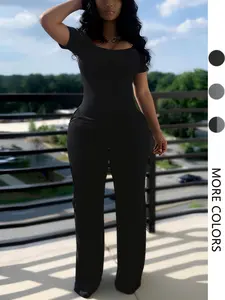 Women's Sexy Fitted Short Sleeve Jumpsuit, Plain Low Neck Pocket Design, All Season Fashion, European & American Style