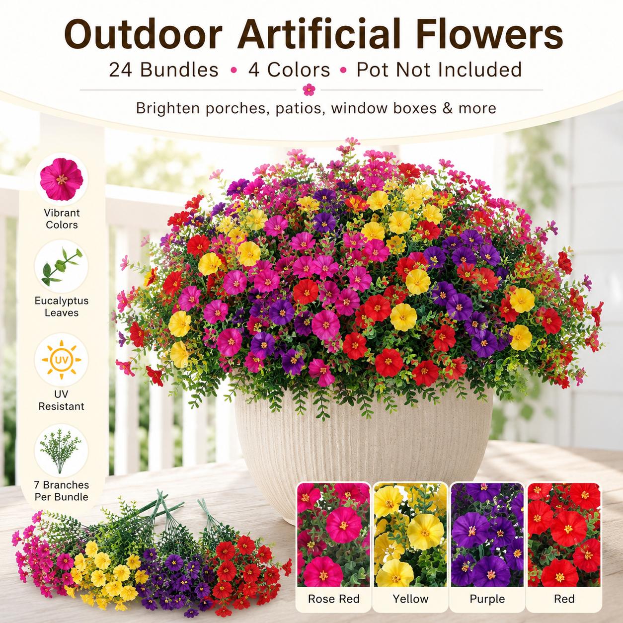 6/12/24 Pack UV-Resistant Outdoor Artificial Flower Bundles, Faux Flowers & Decorative Fruit for Planters, Porch, Home Decor Events