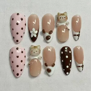 3D Cat Coffee Bean Press On Nails, White French Tip with Floral & Polka Dots, Kawaii Handmade Gel Fake Nails, Y2K Vibes Nail Art For Holiday