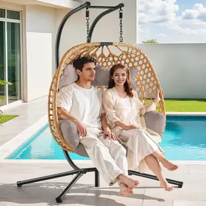 【Valentine's Day Gift】ONBRILL Double Hanging Egg Chair with Stand Bohemian Knot Style Hammock Swing Chair Foldable Basket Denser Weaves 650 Lbs Capacity Loveseat UV Resistant Cushion for Patio Backyard