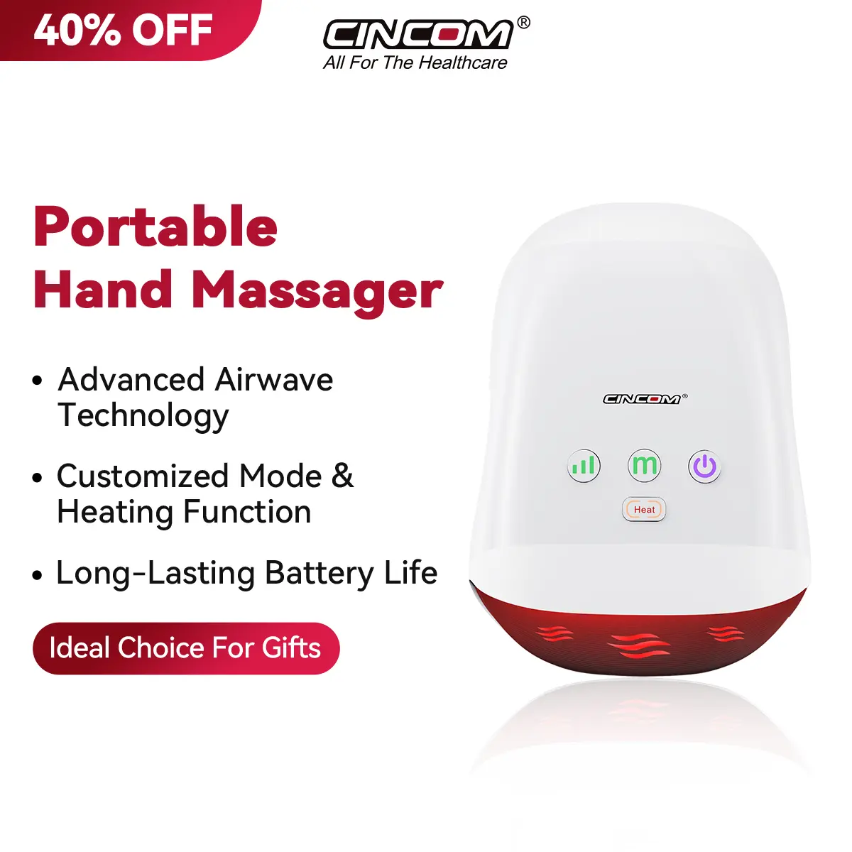 CINCOM Portable Hand Massager (White) - USB Rechargeable Massagers, Battery-Powered Warm Kneading Device with Adjustable Settings, Auto-Off for Daily Relaxation, Ideal Gift, Abs, Relaxing Gifts, Gifts Adults