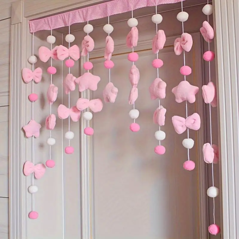 Glam Style Pink Bow & Ball Doorway Curtain Set - 9 Strands, Hand Wash Tufted Polyester Blend Hanging Half Curtains with Hooks for Various Room Types, Flower Curtain Theme for Bedroom Kitchen Decor