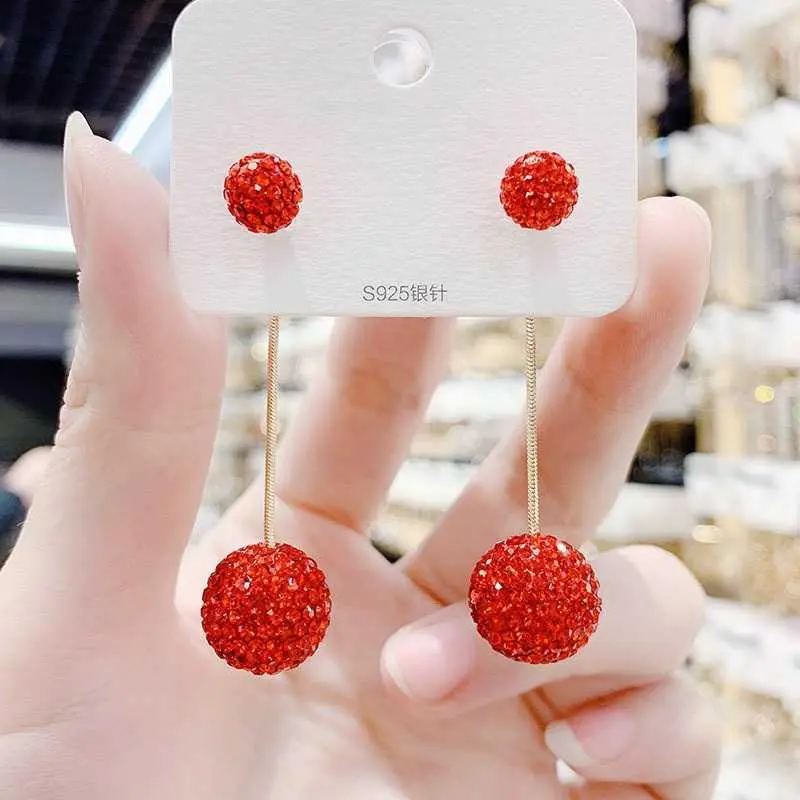 Long Rhinestone-Covered Red Ball Earrings 2025 Trendy Face-Slimming Dangle Earrings Elegant Versatile Influencer Ear Jewelry HNAK95