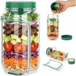 Portable Salad Bowl Jar with Side Opening, Leakproof Dressing Compartment, Lid and Free Fork – Home Supplies Storage Jar for Lunch, Travel Bowl Bowl